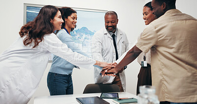 Buy stock photo People, diversity or teamwork with hands together for medical mission, meeting or unity in office. Group, employees or healthcare workers piling with stack in solidarity for community health campaign