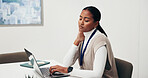 Doctor, woman or neck pain with stress in hospital for medical issue, strain or deadline. Frustrated, female person or health worker with muscle tension for joint inflammation, pressure or discomfort