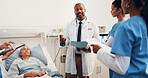 Hospital, healthcare team and senior patient with discussion, medical file and planning for surgery. Doctor man, group and talk for operation update, test results and happy for recovery of old person