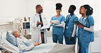 Patient, doctor and discussion with medical team for nursing practice, coaching or staff training. People, healthcare professional and talking with group of nurse interns for practical health program