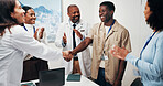 Applause, people and handshake with doctor for medical agreement or financial support in hospital. Smile, shaking hands and healthcare staff clapping for achievement, funding deal and thank you