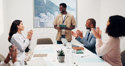 Buy stock photo Medical student, applause and discussion with tablet in meeting, success and smile with case study. Healthcare, team and happy people with tech, clapping and celebration for treatment plan in office