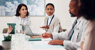 Buy stock photo Medical student, discussion and presentation with laptop in office, research and explain case study. Healthcare, team and people with technology, talking and treatment plan on website in meeting