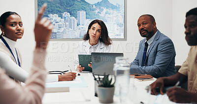 Buy stock photo Doctor, question and people with tablet, meeting and healthcare research with colleagues in office. Health, team and group with technology, advice and collaboration with treatment plan on website