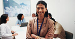 Medical, portrait and woman in office with arms crossed, hospital lead and pride as administrator. Happy, meeting and coordinator with about us, operations manager or confidence in healthcare service
