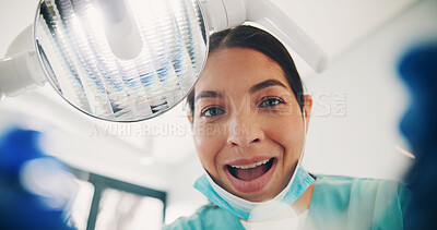 Buy stock photo Woman, dentist or portrait in clinic for procedure, healthcare or mouth open for instruction. Orthodontist, POV or gesture in practice for consultation service, root canal or guidance in appointment