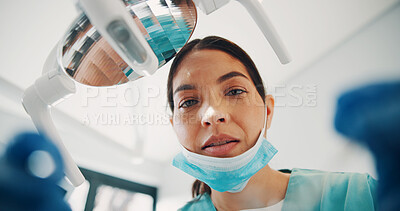 Buy stock photo Woman, dentist or portrait in practice for procedure, healthcare or dental wellness in consultation. Orthodontist, POV and serious in clinic for operation, root canal and inspection in appointment
