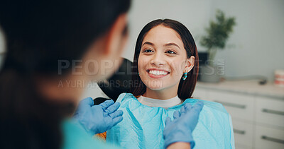 Buy stock photo Women, dentist and smile with patient for oral care, exam or treatment options in clinic. Hygiene, support and people with consultation for root canal, dental surgery or tooth whitening in office