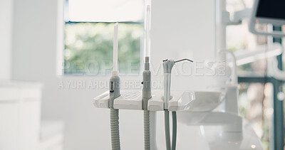 Buy stock photo Equipment, dentist and tools in clinic for oral cleaning, hygiene or dental healthcare in room. Empty, scaler and suction with stand for gum care, teeth surgery or operating procedure in workspace
