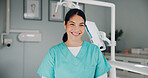 Dentist, portrait and proud with happy woman in clinic for consulting, orthodontics or tooth care. Dentistry, healthcare and smile with dental professional in office at hospital for oral hygiene