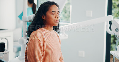 Buy stock photo Breathe, fear and woman with dentist in clinic for tooth extraction, remove cavity or oral treatment. Healthcare, orthodontist and scared patient with anxiety for dental hygiene, surgery or toothache