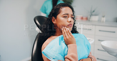 Buy stock photo Pain, toothache and dentist with woman in clinic for appointment, extraction and oral care. Healthcare, orthodontist and patient in chair with gum disease for dental hygiene, treatment and cavity