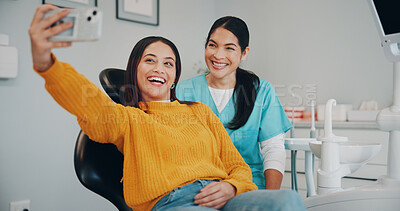 Buy stock photo Happy, selfie and dentist with woman in clinic for social media, medical website and online post. Healthcare, smile and orthodontist with patient for photo with dental hygiene, results and success
