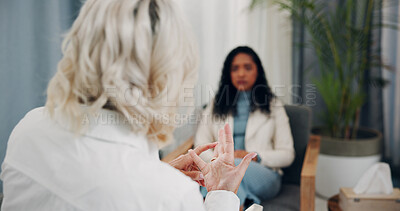 Buy stock photo Psychologist, talk or women in clinic for counseling, trauma support or advice on coping strategy. Mental health, doctor or CBT session for emotional regulation, problem solving or anxiety management