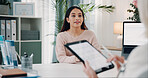 Healthcare, patient and doctor with tablet in office, discussion or explaining diagnosis on website. People, talking and medical professional with tech, consultation and health report in hospital