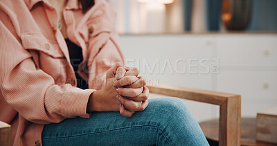 Buy stock photo Woman, hands and anxiety in clinic with therapy session, overthinking and healing for mental health. Counseling, patient and nervous person with depression, rehabilitation and help for psychology.