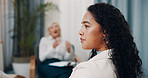 Psychology, thinking and woman in clinic for therapy, emotional processing and trauma response. Psychologist, patient and introspection in counseling with healing support, flashback or contemplation