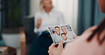 Hands, woman and family photo for grief counseling, emotional healing or process loss with closure. Therapist, patient and picture of relatives in therapy for acceptance, transition or trauma support