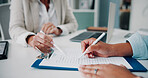 People, hands and paperwork in office for healthcare, medical aid information and explain policy. Specialist, patient and application form in practice for registration, hospital compliance or writing