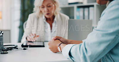 Buy stock photo Patient, anxiety and doctor with tablet in office, hands and listening to medical diagnosis on web. Worried, person and health professional with tech, consultation and healthcare report in hospital