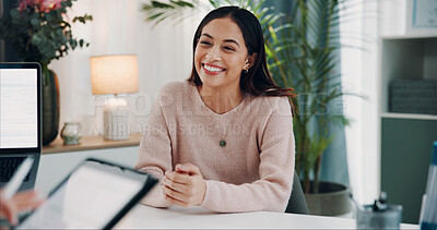 Buy stock photo Patient, doctor or happy woman with tablet for consultation, medical checkup or visit in clinic. Female person, client or follow up appointment with technology or health advisor for healthcare advice