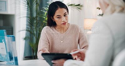 Buy stock photo Patient, appointment and doctor with tablet in hospital, healthcare and explaining diagnosis on web. People, discussion and medical professional with tech, consultation and health report in clinic