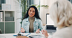 Talking, consulting and woman in office with doctor for medical support, service and help. Healthcare, clinic and patient with paperwork for diagnosis, treatment and medicare insurance for wellness
