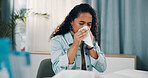 Sick, woman and blowing nose in doctor office with flu symptoms, sinus infection and health problem. Female person, allergies and hayfever in clinic with toilet paper, mucus congestion and virus.
