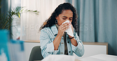 Buy stock photo Sick, woman and blowing nose in doctor office with flu symptoms, sinus infection and health problem. Female person, allergies and hayfever in clinic with toilet paper, mucus congestion and virus.
