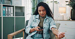 Healthcare, IV drip and phone with woman in office for antioxidants, minerals or wellness benefits. App, scrolling and social media with with business person in workplace for mobile infusion of zinc
