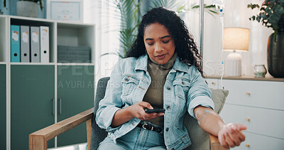 Buy stock photo Healthcare, IV drip and phone with woman in office for antioxidants, minerals or wellness benefits. App, scrolling and social media with business person in workplace for mobile infusion of zinc