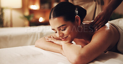 Buy stock photo Relax, woman and happy at spa with back massage, muscle tension and deep tissue with essential oil. Calm client, beauty therapist or pressure technique for body pamper, healing therapy or pain relief