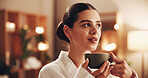 Spa, resort and woman with tea for thinking, peace and stress relief for holistic treatment. Salon, health and person with drink for wellness, relax and reflection for self care, pamper and vacation