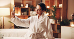 Selfie, picture and happy woman in salon for massage, health or wellness in luxury resort. Female person, relax and capture moment with smile in robe for pamper vacation or memory in beauty spa