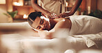 Relax, girl and happy at spa with back massage, muscle tension and deep tissue for stress relief. Calm client, beauty therapist or pressure technique for body pamper, healing therapy or targeted pain