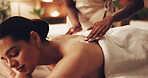 Hands, woman and cream at spa with back massage, muscle tension or deep tissue for wellness. Calm client, beauty therapist or cosmetic product for body pamper, healing therapy or targeted pain relief