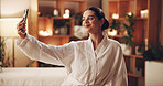 Selfie, spa and happy woman with picture in luxury resort for health, wellness or beauty day. Female person, relax and capture moment with smile in gown or robe for pamper vacation or memory in salon