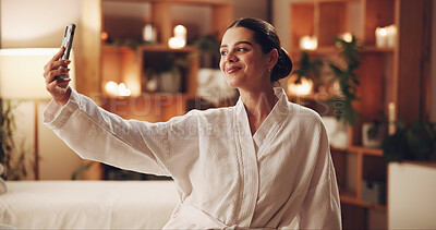Buy stock photo Selfie, spa and happy woman with picture in luxury resort for health, wellness or beauty day. Female person, relax and capture moment with smile in gown or robe for pamper vacation or memory in salon