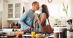 Couple, kiss and goodbye in kitchen with morning routine, love and wife ready to leave home for work. Mature, married people and greeting in house with affection, care or prepare for departure to job