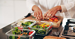 Person, hands and vegetarian with food container in kitchen for healthy meal prep, ready or snack. Culinary artist, vegetables or chef with ingredients for diet, wellness or eating plan in home