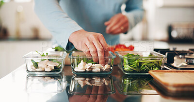 Buy stock photo Person, hands and diet with food container in kitchen for healthy meal prep or ready made snack. Culinary artist, vegetables or chef with vegetarian ingredients for wellness or eating plan in home