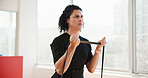 Fitness, pull and woman with rope in gym for strength training, exercise and bodybuilding workout. Sports, athlete and person with equipment for muscle development, practice or health for strong body