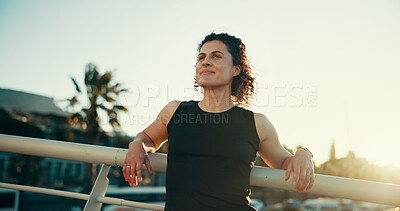 Buy stock photo Thinking, happy and woman on bridge for fitness, exercise and workout for wellness in morning. Sports, runner and person in city with thought, break and rest for training, running challenge or hobby
