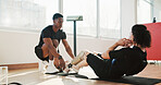 Sit ups, personal trainer and woman with prosthetic leg, fitness and exercise routine for wellness. Health club, physical activity and person with disability, balance and training with instructor