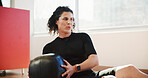 Exercise, medicine ball and woman in gym for strength training, fitness and strong for bodybuilding. Sports, athlete and person with equipment for muscle development, core workout and health on floor