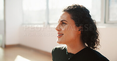 Buy stock photo Breathing, athlete and woman with smile in gym, fitness and contemplating with sweat after exercise. Health club, wellness and happy person on training break, reflection and recovery post workout