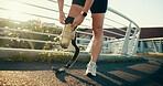 Runner, bridge and exercise with prosthetic leg outdoor for fitness, morning workout and start. Amputee, health and wellness of person with a disability for sport, athlete training or prepare on road