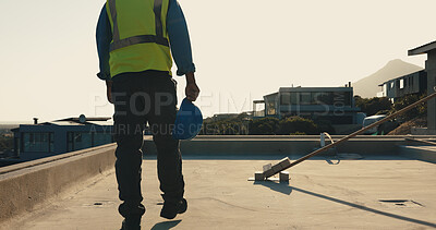 Buy stock photo Construction, back and person on site with inspection, safety check or quality control in renovation. Space, man and engineer with hardhat, progress track and evaluation in remodeling compliance.
