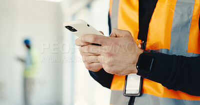 Buy stock photo Construction, phone and hands on site with texting, task brief and inspection feedback in chat. Contact, man and engineer with tech, progress report and project coordination in communication response