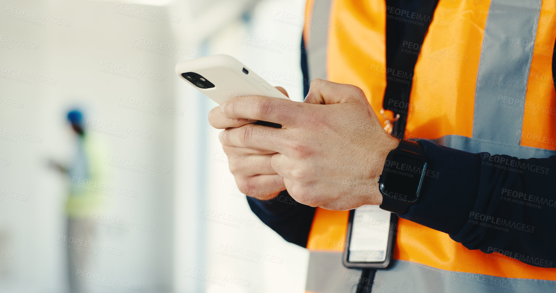 Buy stock photo Construction, phone and hands on site with texting, task brief and inspection feedback in chat. Contact, man and engineer with tech, progress report and project coordination in communication response